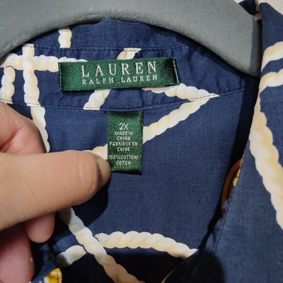 Lauren Ralph Lauren Sz 2X Blue Nautical Print Button Up Shirt Navy Yellow Yacht - Picture 2 of 5
